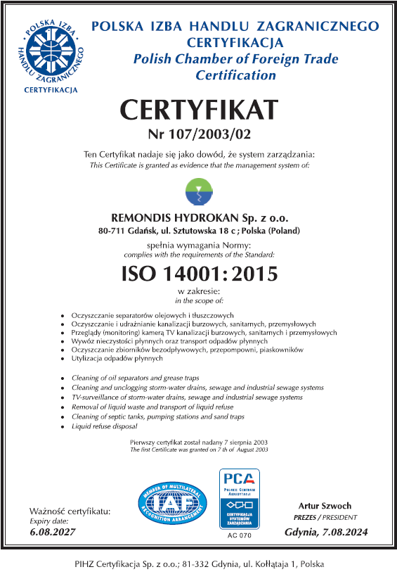 Certyfikat ISO 14001 REMONDIS Hydrokan