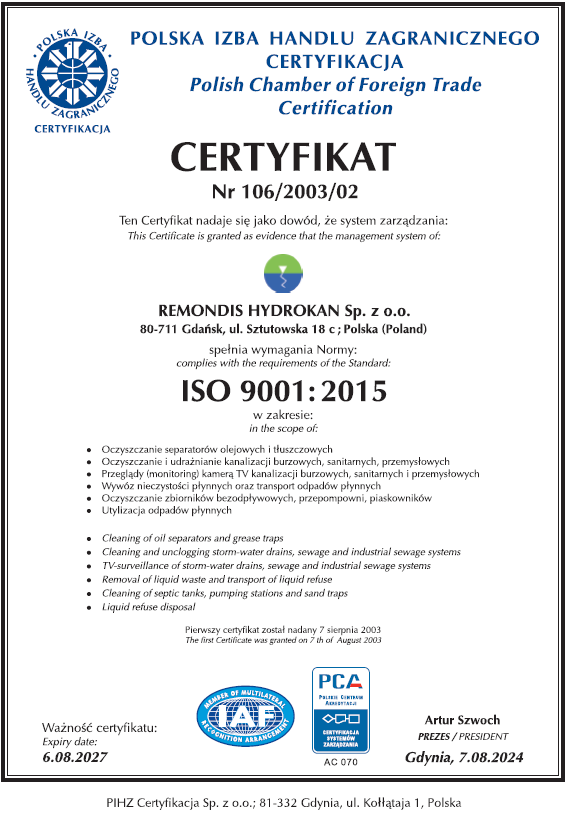 Certyfikat ISO 9001 REMONDIS Hydrokan